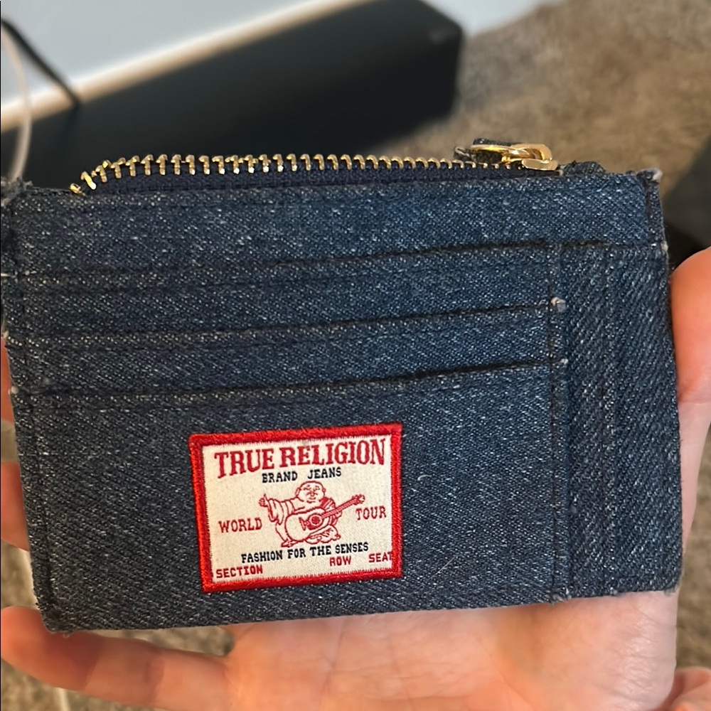 True Religion Denim Card Holder with Red Accent